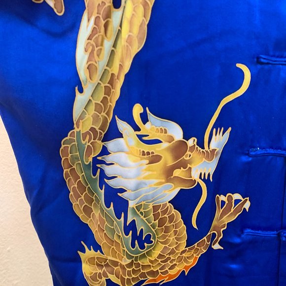 Beautiful blue silk kimono jacket with mandarin collar and golden dragon design - Picture 3 of 12